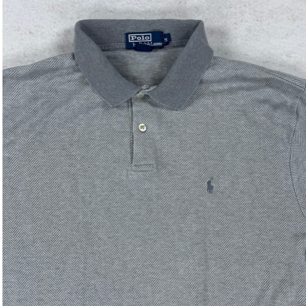Polo Ralph Lauren Mens Grey Herringbone Short Sleeve Polo Shirt Size M Cotton